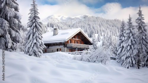 A cozy log cabin amidst snow-covered pine trees in the Swiss Alps