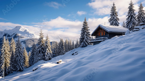 A cozy log cabin amidst snow-covered pine trees in the Swiss Alps