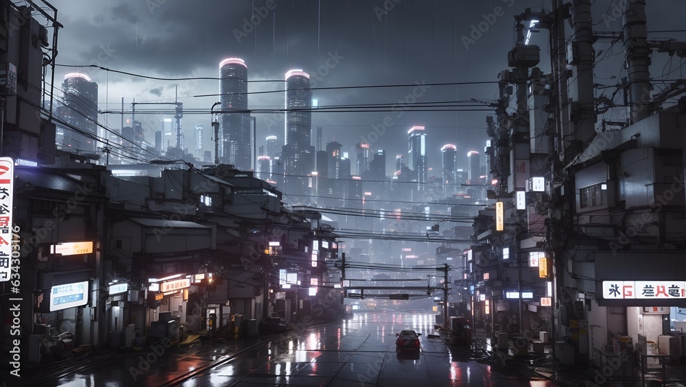 a night view of a future city with lots of wires and colorful lights in a cyberpunk style made by ai