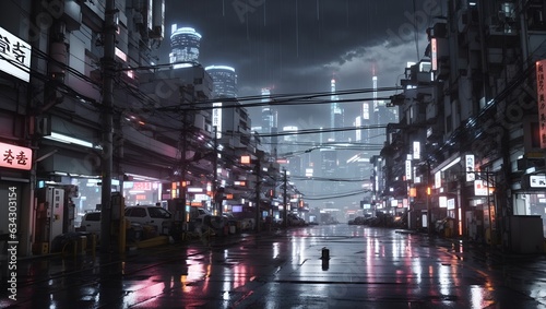 a night view of a future city with lots of wires and colorful lights in a cyberpunk style made by ai