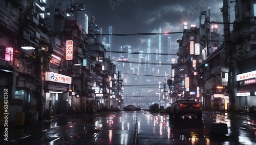 a night view of a future city with lots of wires and colorful lights in a cyberpunk style made by ai