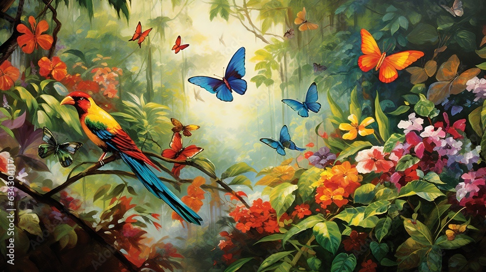  a painting of a bird and butterflies in a forest of flowers.  generative ai