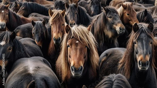 Foto herd of horses close-up, many heads of horses background.