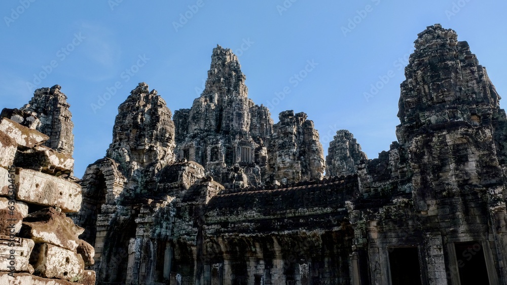 Capture of Bayon, an iconic Khmer temple in Angkor known for its architectural splendor, built during King Jayavarman VII's reign.