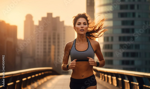 A young woman is jogging in the city. Ai generated.