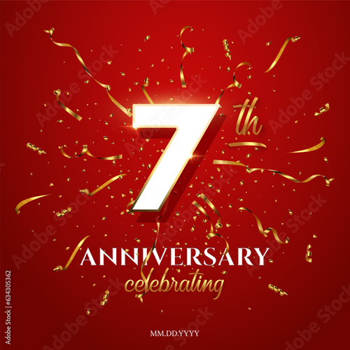 Seventh Anniversary Celebrating text with golden serpentine and confetti on red background. Vector seven anniversary celebration event square template with white numbers with gold frame