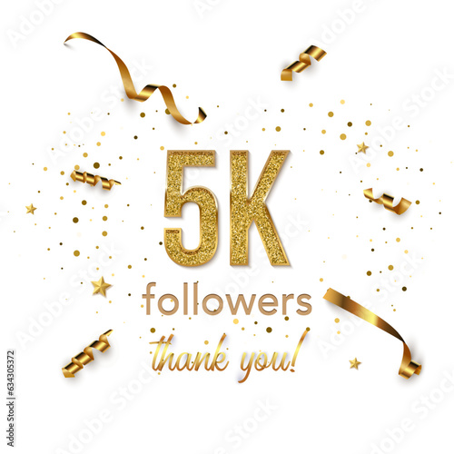 5000 followers celebration square vector banner. Social media achievement poster. 5k followers thank you lettering. Golden sparkling confetti ribbons. Shiny gratitude text on white backdrop