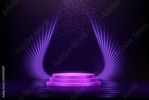 Purple tripple podium for product presentation vector illustration. Abstract empty pink blue award platform with rays or wings, glitter confetti sparkle rain falling photo