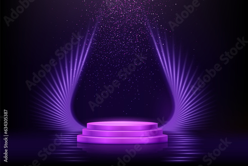 Purple tripple podium for product presentation vector illustration. Abstract empty pink blue award platform with rays or wings, glitter confetti sparkle rain falling