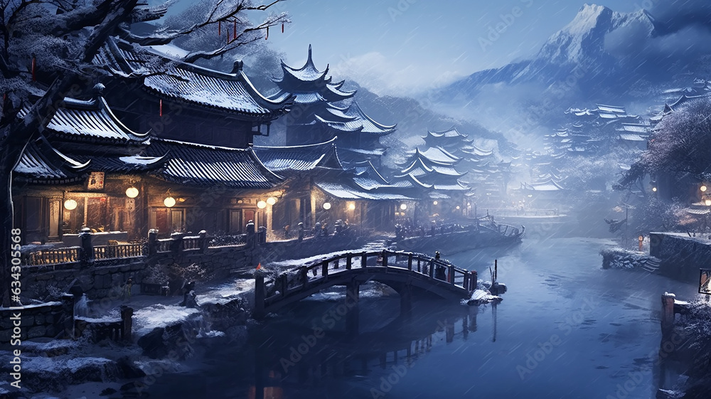Winter landscape ancient chinese city embankment, chinese new year. - obrazy, fototapety, plakaty 