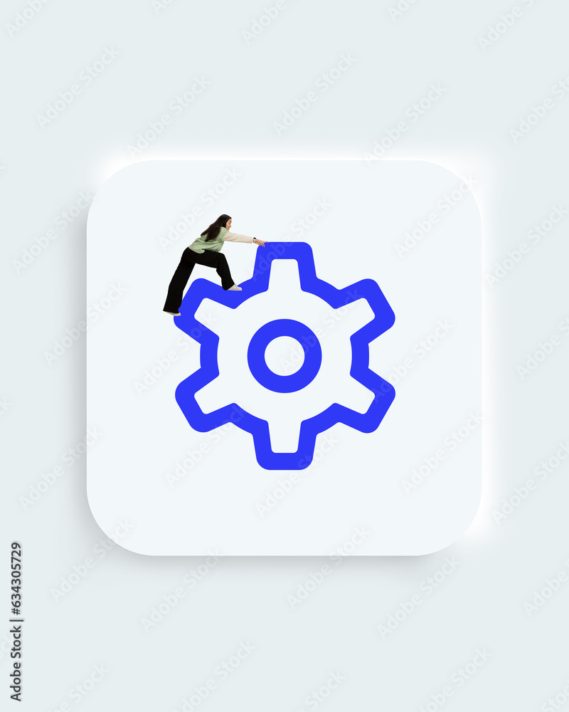 UI actions. Contemporary art collage. Settings icon, button icon for web, computer and mobile app. One businesswoman diligenty shifting gear. UI actions. Contemporary art collage. Settings icon, button icon for web, computer and mobile app. One businesswoman diligenty shifting gear.