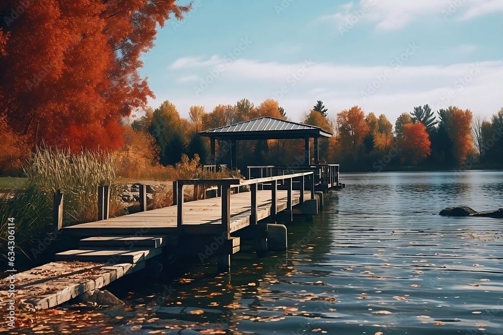 Pier leading into a lake in autumn. Generative AI.