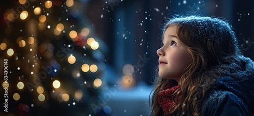 Cute girl filled with wonder as she gazes at the twinkling lights on the majestic Christmas tree. Festive and joyful atmosphere.