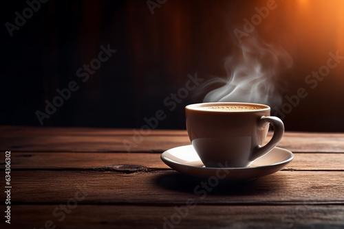 The steam rising from a hot cup of coffee creates an alluring moment against a modern black and brown background.