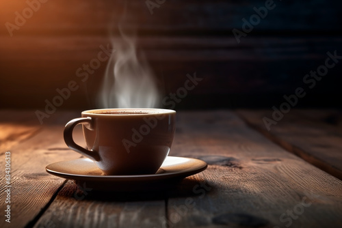 The steam rising from a hot cup of coffee creates an alluring moment against a modern black and brown background.