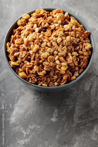 Wholesome Granola Meal on Concrete Background, Close-Up