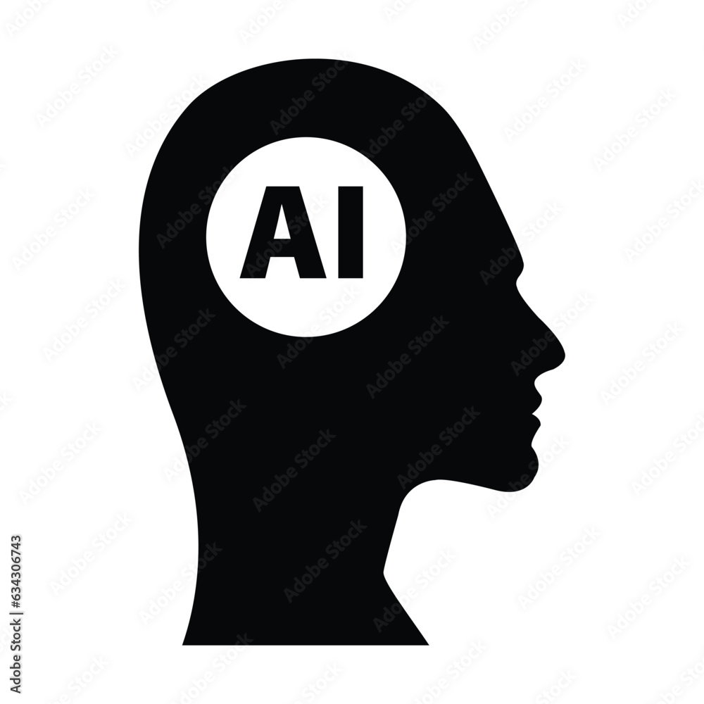 AI, Artificial intelligence icon of woman human face with a digital chip on brain for computer and technology silhouette illustration AI, Artificial intelligence icon of woman human face with a digital chip on brain for computer and technology silhouette illustration