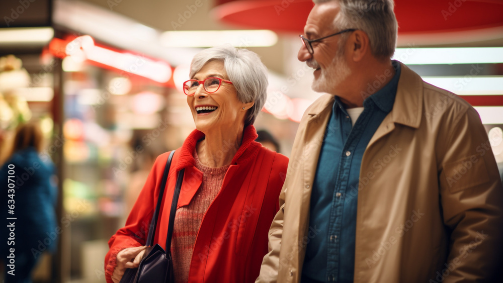 A friendly elderly couple laughing and shopping for dinner at the mart