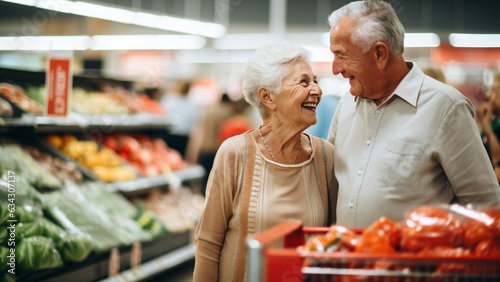 A friendly elderly couple laughing and shopping for dinner at the mart