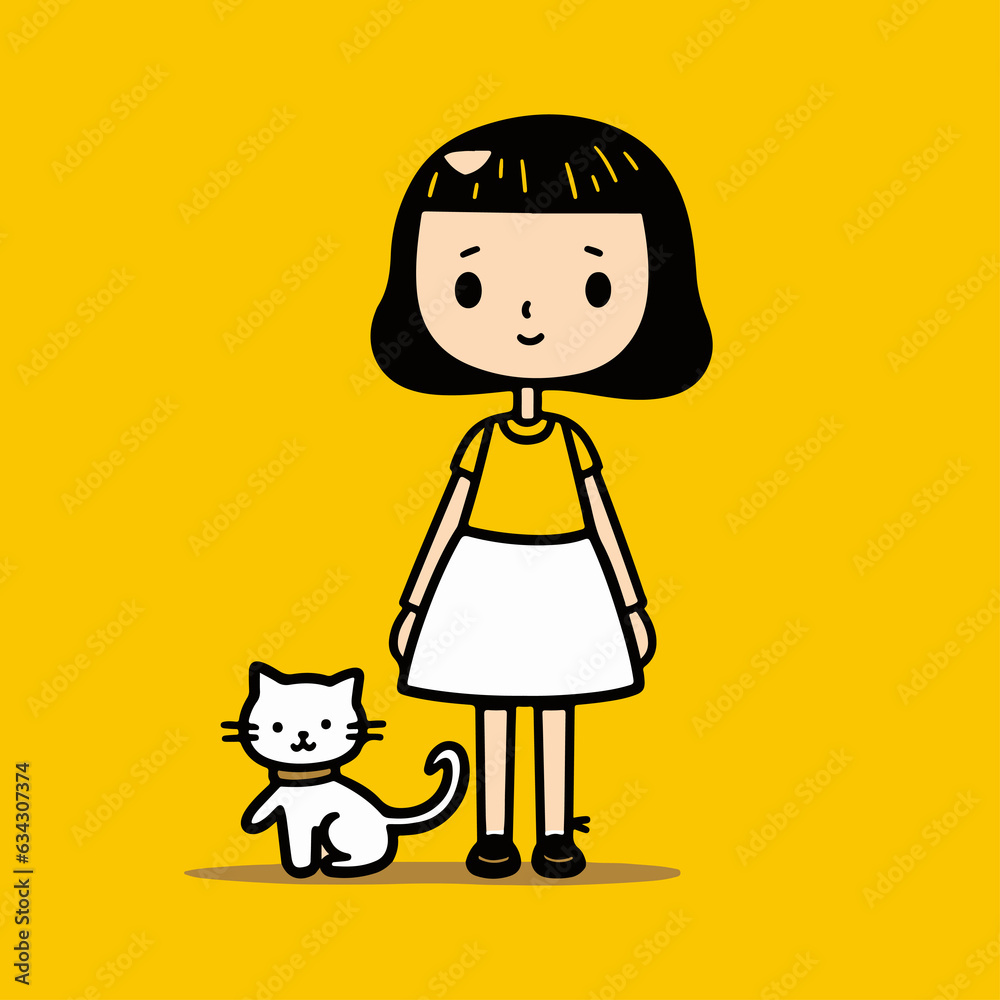 Fototapeta premium little girl with cat, doodle