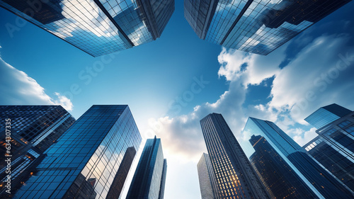 High glass tall building skyscrapers from the ground above view with blue sky and sun  office exterior design.