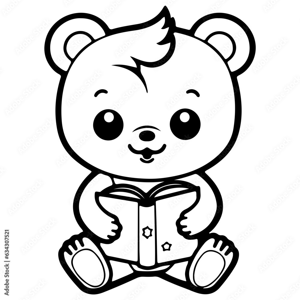 Cute bear outline vector illustration, reading book character Cute bear outline vector illustration, reading book character