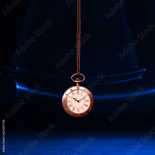 Hypnosis session. Vintage pocket watch with chain swinging over surface on dark background among faded clock faces, magic motion effect photo