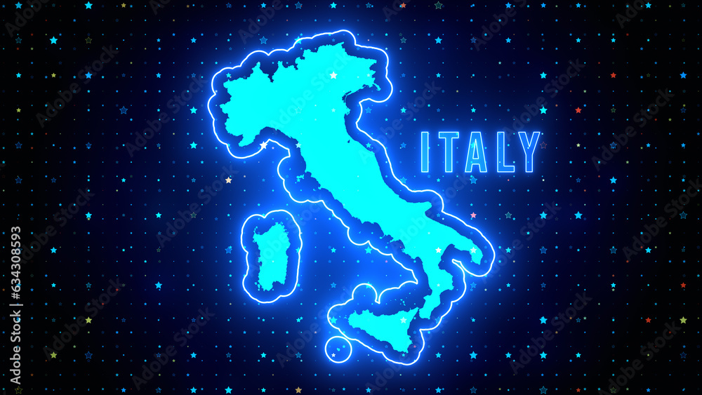 Futuristic Blue Shine Italy Contour Line Map And Label Text Glowing Neon Light With Stars Sparkle Grid Background
