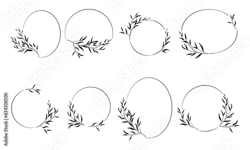 Elegant minimal round line border frames with branch and leaves. Floral monogram frames. Vector isolated illustration for labels, logo, branding business identity, wedding invitation cards