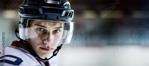 Young ice hockey player in helmet, serious expression, portrait with copy space on side. Generative AI