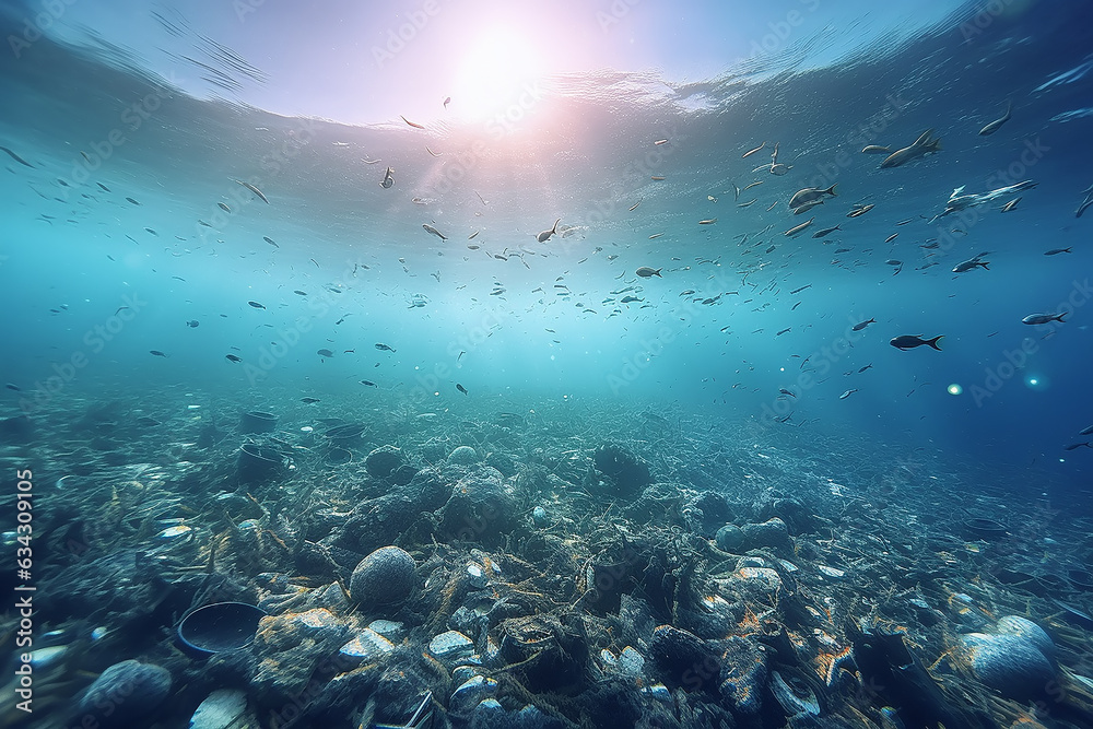 plastic pollution of the ocean underwater photo.  AI