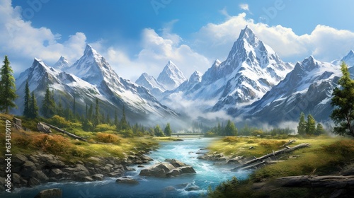 a painting of a mountain range with a river running through it.  generative ai © Anna