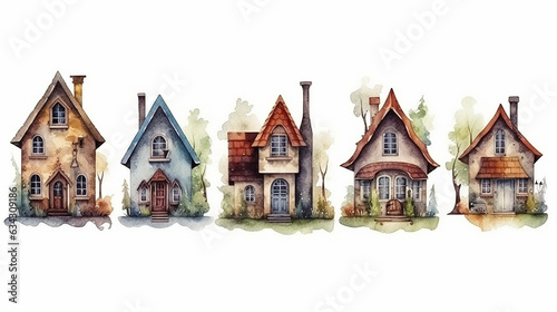 collection of a set of small European rustic fairy-tale houses painted in watercolor.