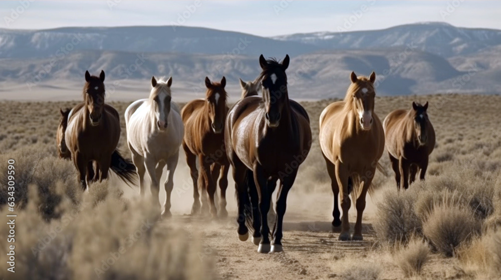 Horse herd run on pasture against beautiful landscape. cool running horses