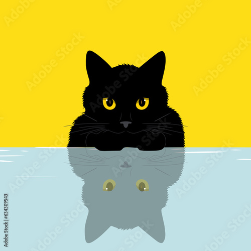 black cat with reflection of its shadow logo vector illustration on yellow background © Adi