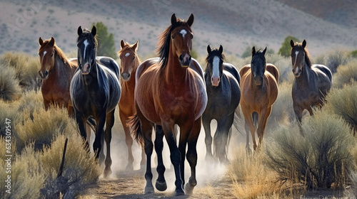 Horse herd run on pasture against beautiful landscape. cool running horses © We3 Animal
