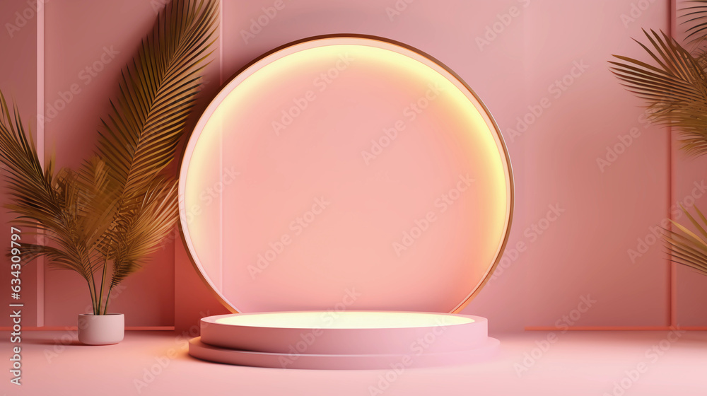 Round pastel podium and palm leaf, Abstract minimal geometric shapes background, Aesthetic summer dais concept and shadows on the wall, 3D Modern design for product showcase display, AI generated. Round pastel podium and palm leaf, Abstract minimal geometric shapes background, Aesthetic summer dais concept and shadows on the wall, 3D Modern design for product showcase display, AI generated.