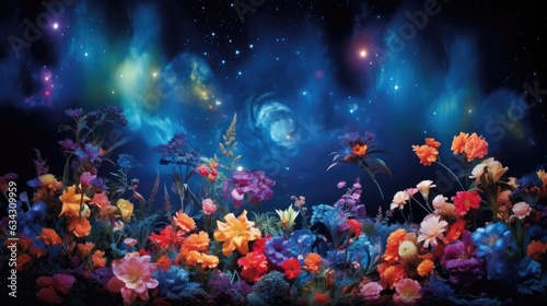 Flowers in glowing cosmic forest or garden landscape. Fantasy fairy tail abstract blossoming alien flowers with galaxy space Universe. Floral magical galaxy background. AI illustration digital art..