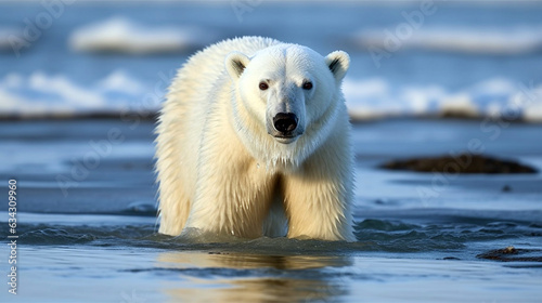 Male polar bear (Ursus maritimus) in the snow. Polar bear on the pack ice