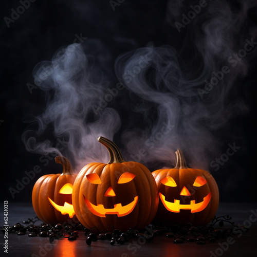  Jack o lanterns in front of a dark background at night, in the style of Hd image, Neon small Halloween pumpkins on the background, smoke, and Halloween atmosphere.