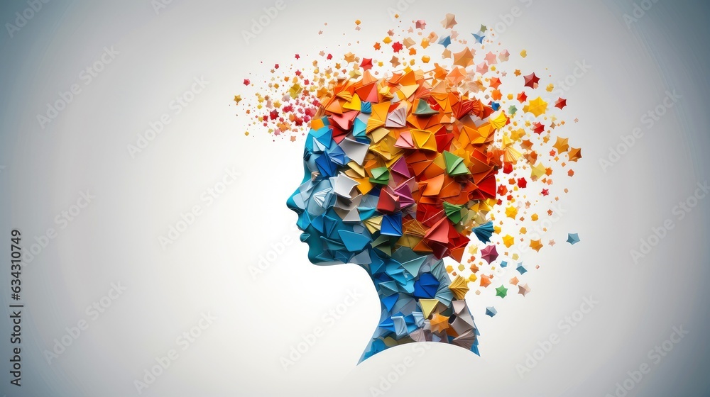 Abstract profile of a human head and consciousness with physical and chemical structures in the head, Person creative mind, Psychic waves concept, Generative AI illustration