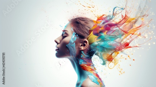 Abstract profile of a human head and consciousness with physical and chemical structures in the head, Person creative mind, Psychic waves concept, Generative AI illustration