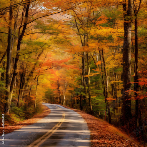 Country road adorned with vibrant autumn leaves, winding path surrounded by trees in rich shades of red, orange, and gold, essence of a scenic autumn drive. Ai generated