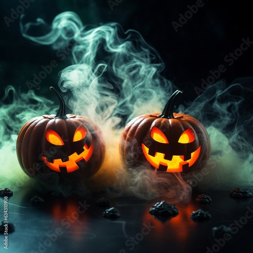  Jack o lanterns in front of a dark background at night, in the style of Hd image, Neon small Halloween pumpkins on the background, smoke, and Halloween atmosphere. © ImaginaryInspiration