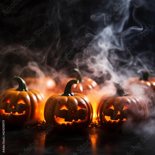  Jack o lanterns in front of a dark background at night, in the style of Hd image, Neon small Halloween pumpkins on the background, smoke, and Halloween atmosphere.