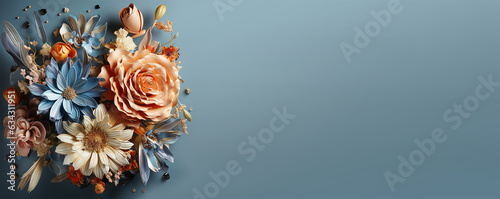 Blue banner with floral border of flowers decoration. Generative ai