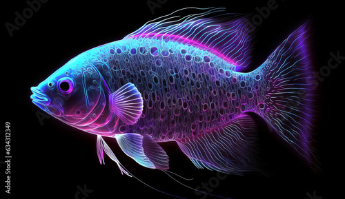 Fish Flat desing. Purple neon on black background.