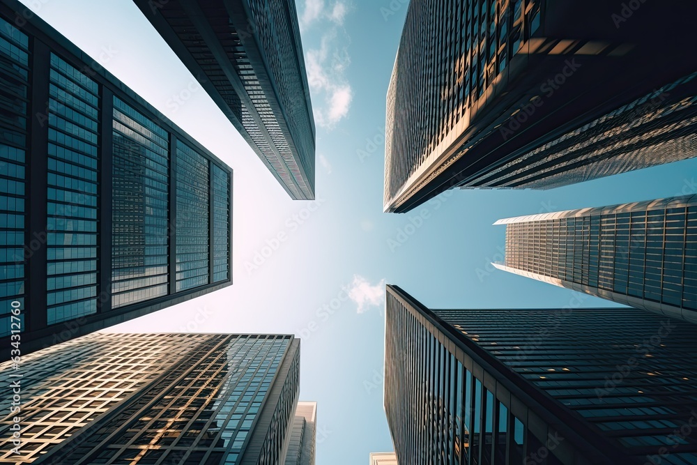 Fototapeta premium Skyscrapers Looking Up Photo: Gazing Toward the Sky Between 5 Towering BuildingsGenerative AI