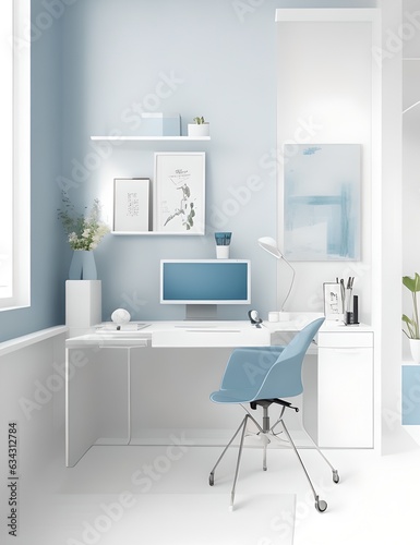 minimalist workspace featuring sleek modern furniture and a calming color palette of white blues