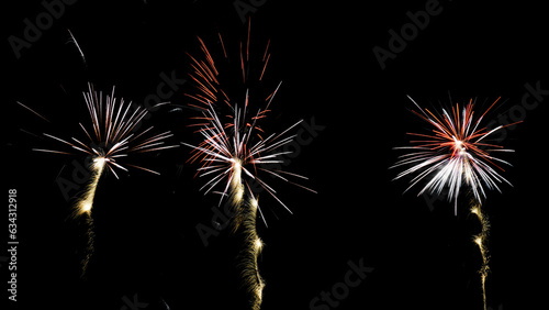  fireworks card. Beautiful multicolored fireworks isolated on a black background. Christmas card  New Year holidays